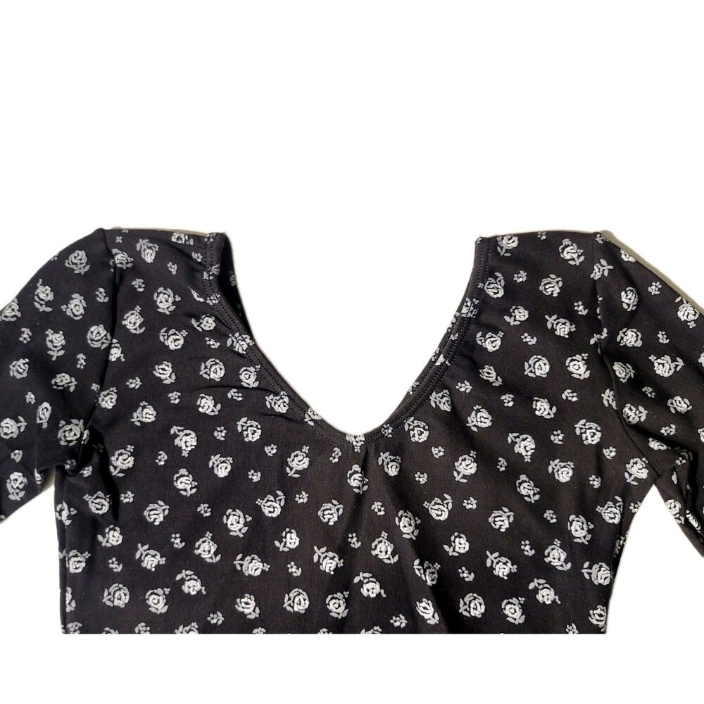 GK Elite VTG Black White Rose Cotton Leotard Bodysuit LS Stretch AXS Adult XS - Picture 3 of 9